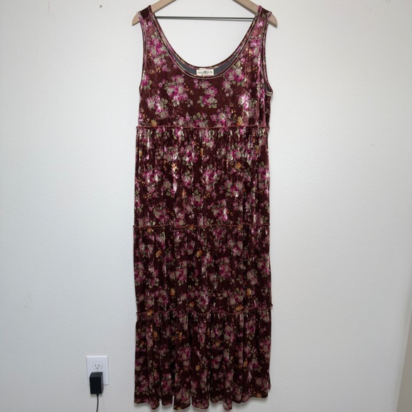 NEW Natural Life Women Velvet Floral Tiered Maxi Dress XL Burgundy Bohemian - Picture 2 of 12